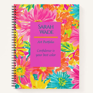 Cuaderno Portátil de espiral floral brillante - rosa, azul 