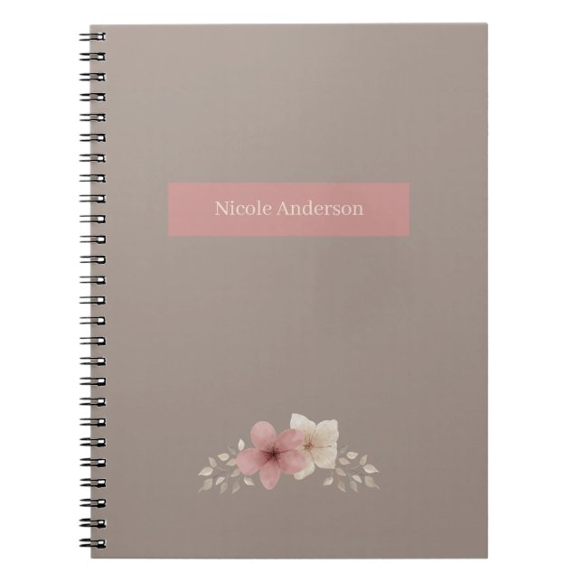 Cuaderno Portátil de espiral floral taupe y rosa (Frente)