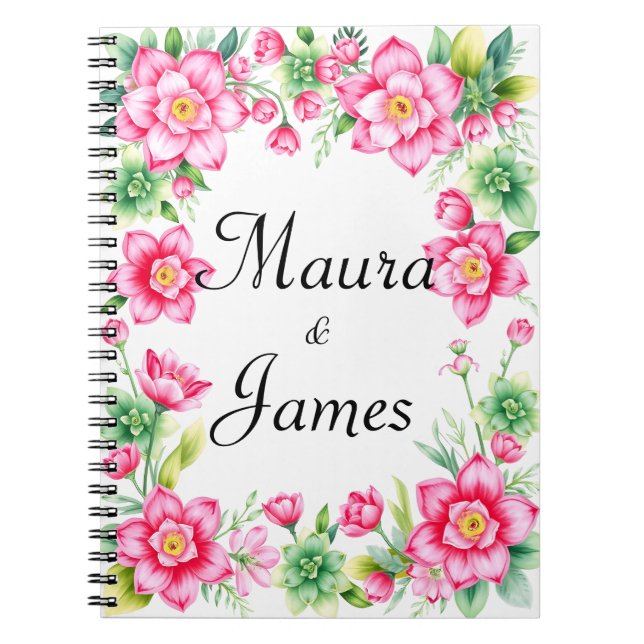 Cuaderno Portátil de foto de espiral de flores rosadas (Frente)