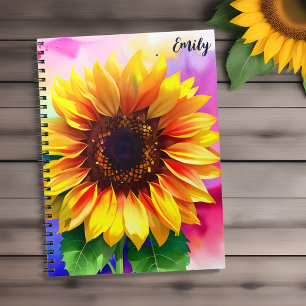 Cuaderno Portátil de girasol vibrante con nombre personaliz
