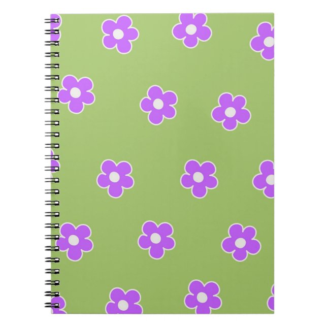 Cuaderno Portátil de patrón de flor Y2K retro púrpura verde (Frente)