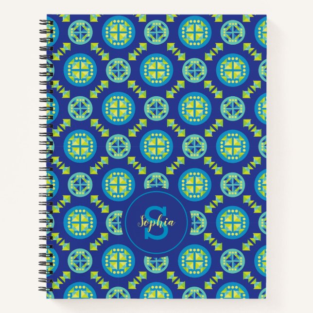 Cuaderno Portátil de patrón geométrico monograma azul verde (Anverso)