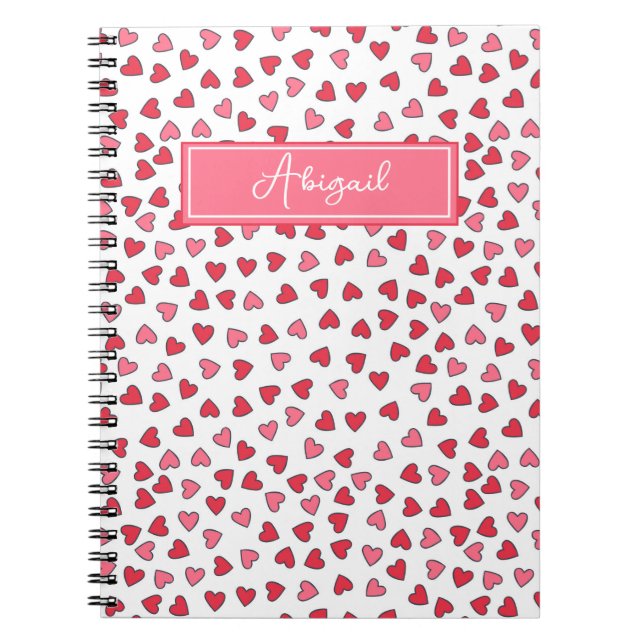 Cuaderno Portátil de patrones de corazones rojos y rosados (Frente)