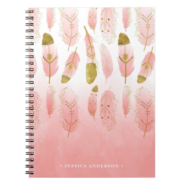 Cuaderno Portátil de plumas de oro y rosa bohemias Ombre (Frente)