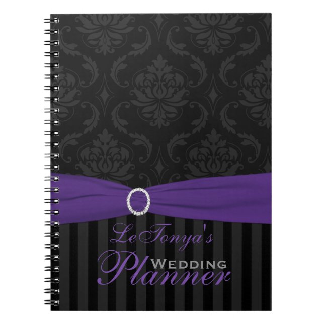 Cuaderno Portátil de rayas de Damasco negro, morado, gris (Frente)