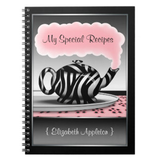 Cuaderno Portátil de recetas rosa y negro de tetera de impr