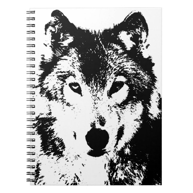 Cuaderno Portátil de retrato de lobo blanco y negro (Frente)