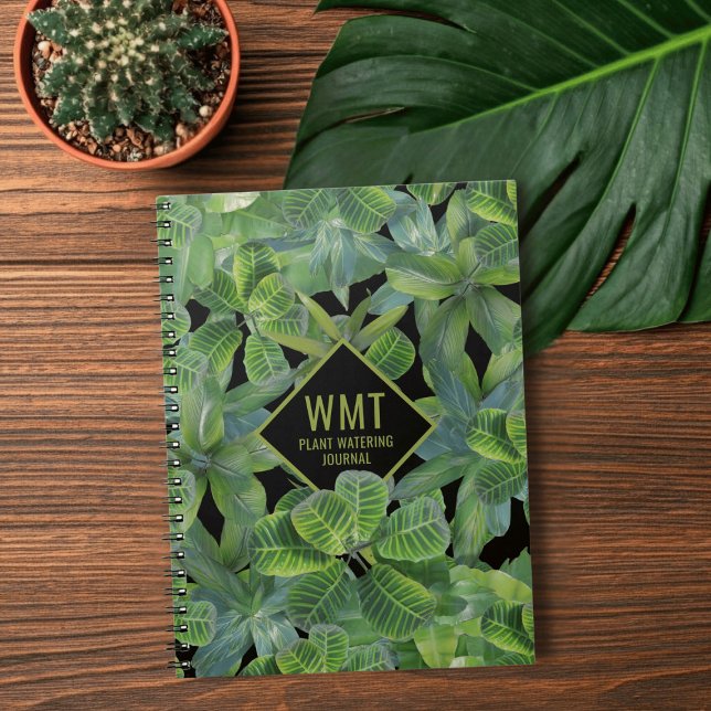 Cuaderno Portátil de riego de planta de patrón de hoja trop (A handy notebook for all sorts of plant related tasks. I've titled it as a Plant Watering Journal)