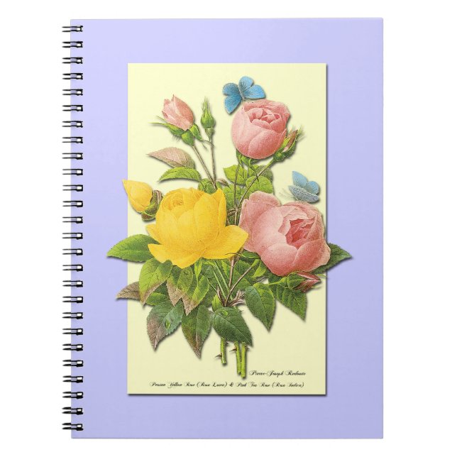 Cuaderno Portátil de rosas amarillas rosadas botánicas (Frente)