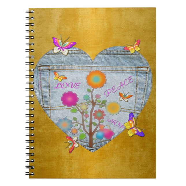 Cuaderno Portátil Denim Pocket Heart Flowers Butterflies (Frente)