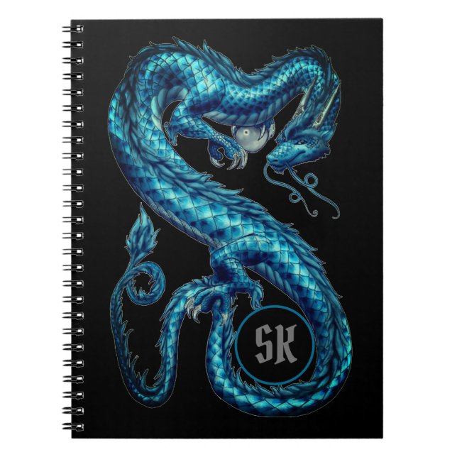 Cuaderno Portátil Dragón asiático Verde azulado monogramado (Frente)