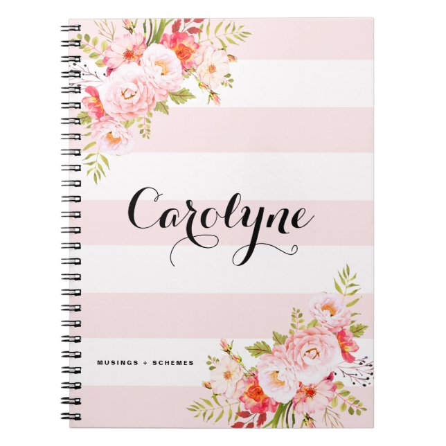 Cuaderno Portátil Feminine Pink Stripes Floral Personalizad (Frente)