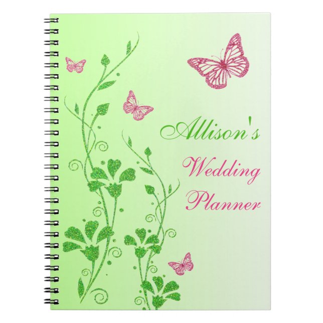 Cuaderno Portátil floral de mariposa verde rosa personaliza (Frente)