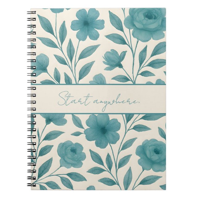 Cuaderno Portátil Inspirador de patrón floral verde azulado (Frente)