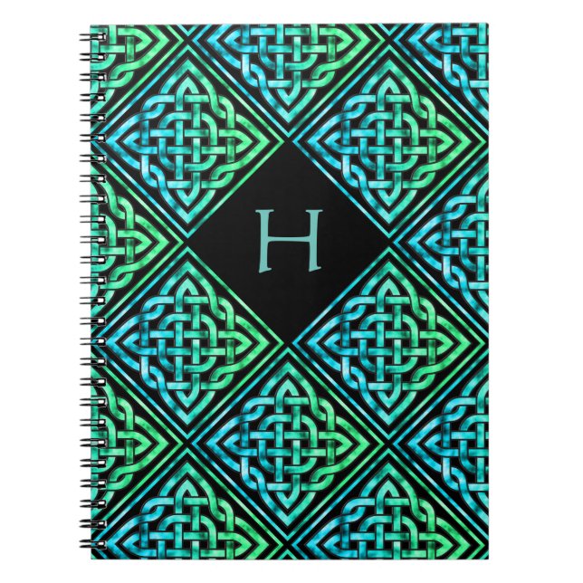 Cuaderno Portátil Monograma Celta Knot Blue Green Pattern (Frente)
