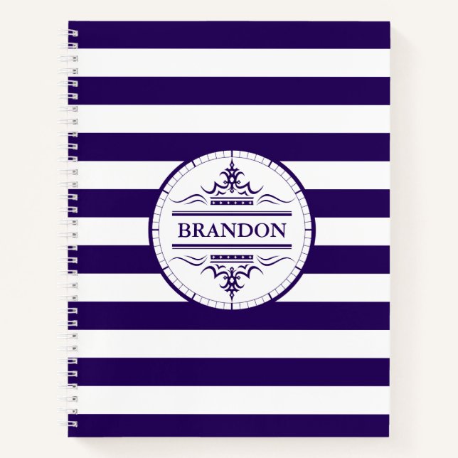 Cuaderno Portátil Monograma de franjas azules de la Marina  (Anverso)