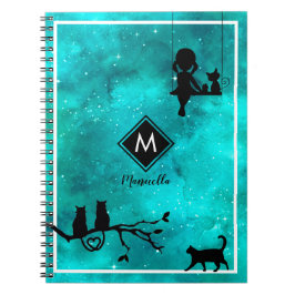 Cuaderno Portátil monograma de gatos chicas y galaxia