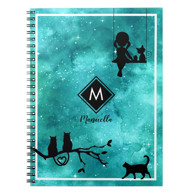 Cuaderno Portátil monograma de gatos chicas y galaxia (Frente)