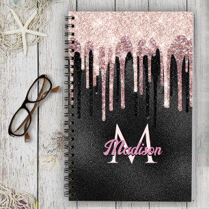 Cuaderno portátil monograma de goteo negro de rosa de moda