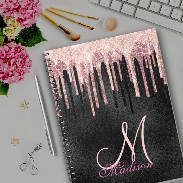 Cuaderno portátil monograma de goteo negro de rosa de moda (Subido por el creador)
