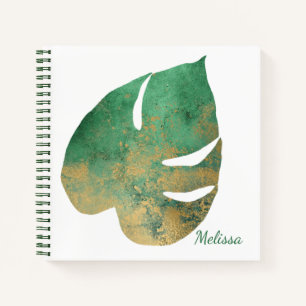 Cuaderno Portátil monograma de hoja dorada y verde