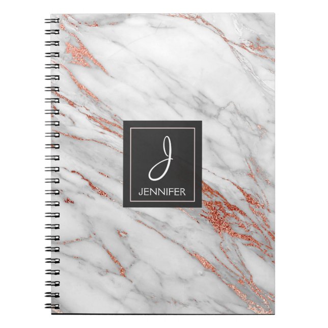 Cuaderno Portátil monograma de mármol Rosa dorado (Frente)