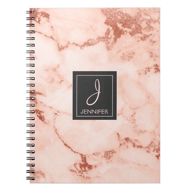 Cuaderno Portátil monograma de mármol Rosa dorado (Frente)