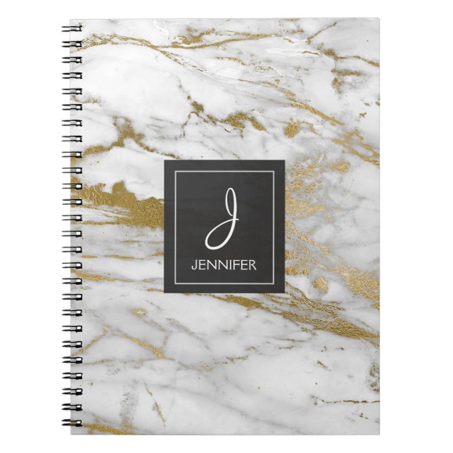 Cuaderno Portátil monograma de oro y mármol blanco (Frente)