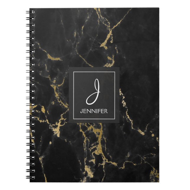 Cuaderno Portátil monograma de oro y mármol negro (Frente)