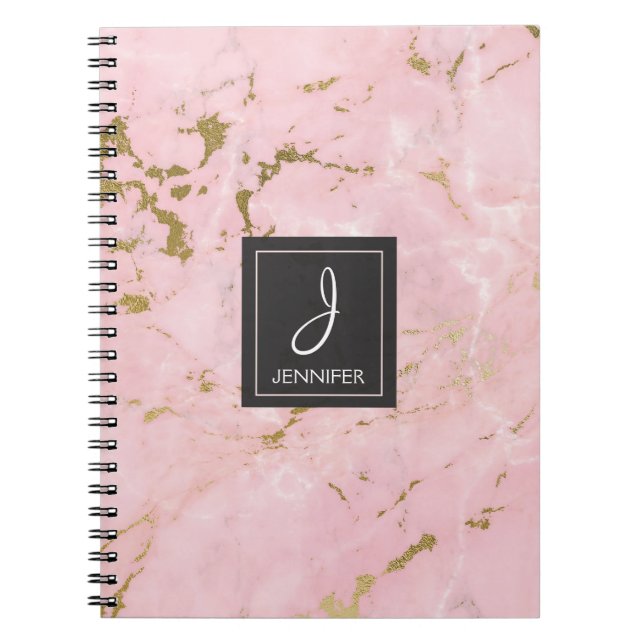Cuaderno Portátil monograma de oro y mármol rosa (Frente)