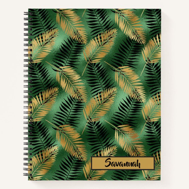 Cuaderno Portátil monograma de patrón de hojas verdes y dor (Anverso)