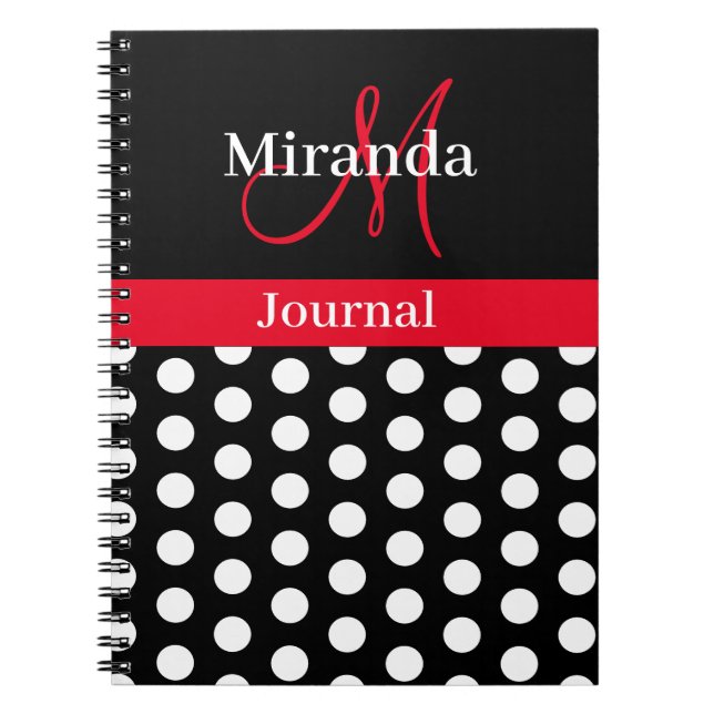 Cuaderno Portátil monograma de puntos de polka blanco rojo (Frente)
