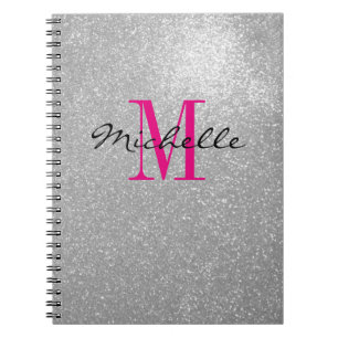 Cuaderno Portátil monograma de purpurina plateado glamoroso