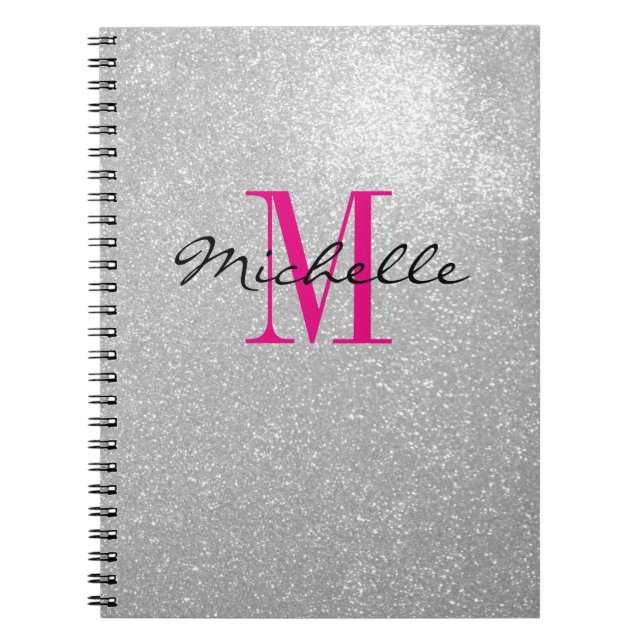 Cuaderno Portátil monograma de purpurina plateado glamoroso (Frente)