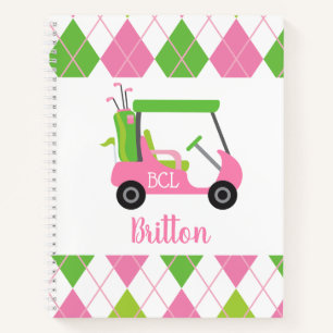 Cuaderno Portátil monograma personalizado de golf rosa y ve