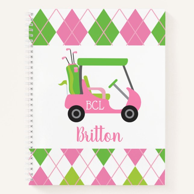 Cuaderno Portátil monograma personalizado de golf rosa y ve (Anverso)