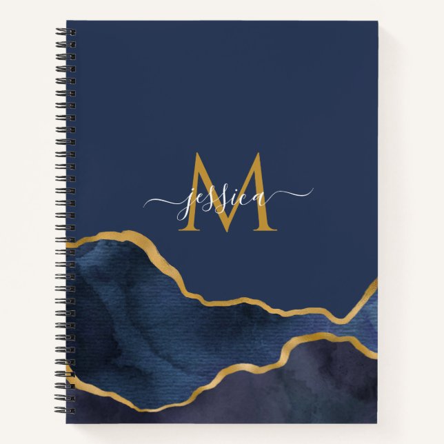 Cuaderno Portátil monograma personalizado de mármol azul (Anverso)