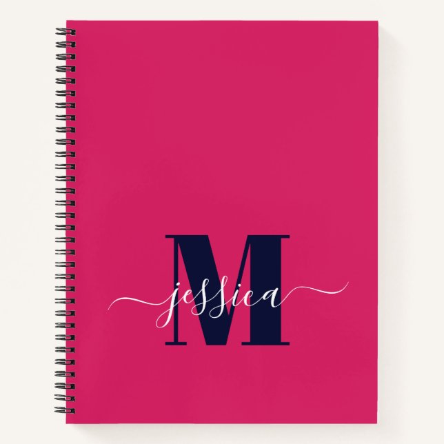 Cuaderno Portátil Monograma Personalizado Hot Pink and Navy (Anverso)