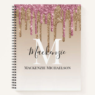 Cuaderno Portátil Monograma Purpurina Rosa Girly Gold