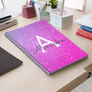 Cuaderno Portátil monograma Purpurina rosado morado con esp