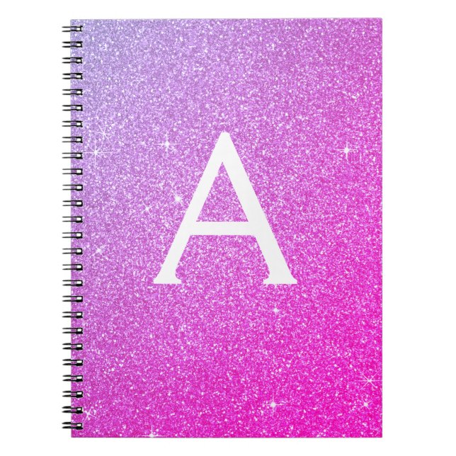 Cuaderno Portátil monograma Purpurina rosado morado con esp (Frente)