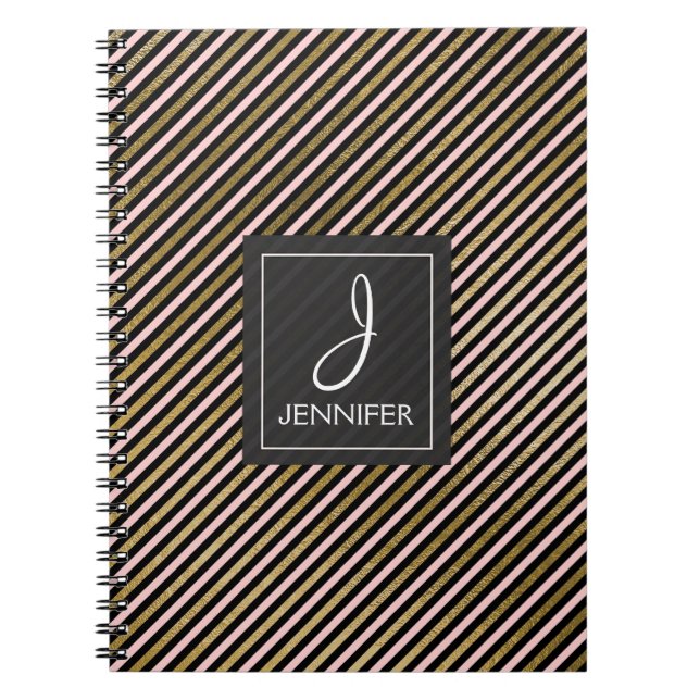 Cuaderno Portátil monograma rosa y Relieve metalizado dorad (Frente)