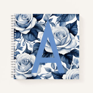 Cuaderno Portátil monograma y Rosas azules