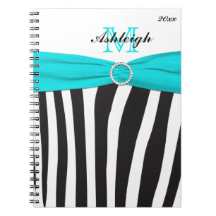 Cuaderno Portátil monogramado Black Aqua White Zebra Strip