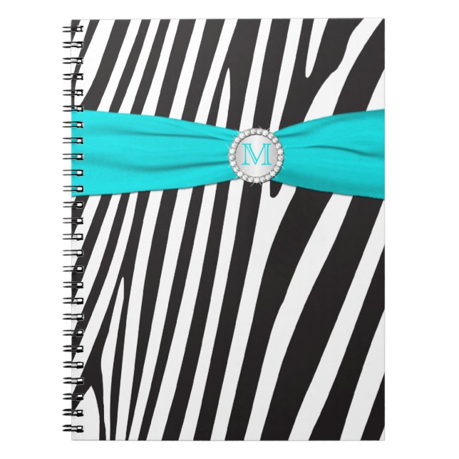 Cuaderno Portátil monogramado Black Aqua White Zebra Stripe (Frente)