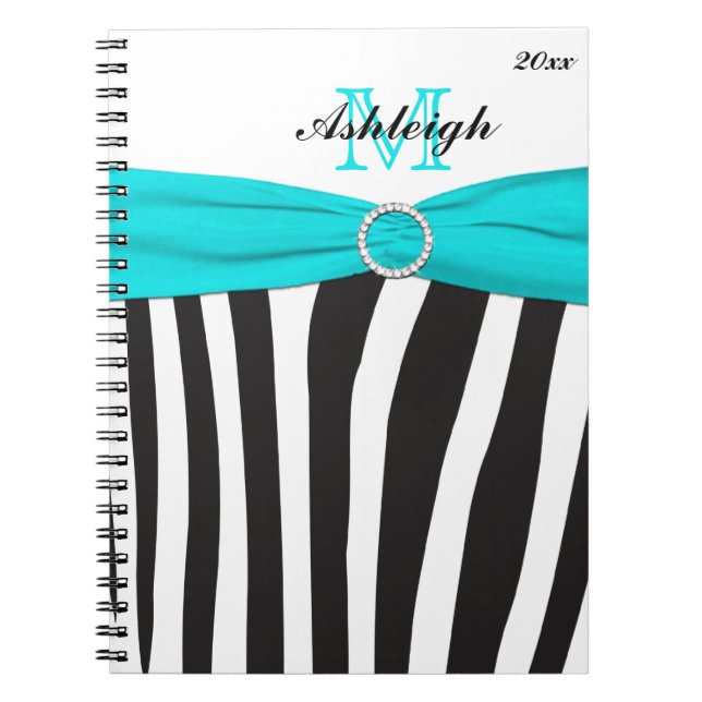 Cuaderno Portátil monogramado Black Aqua White Zebra Stripe (Frente)