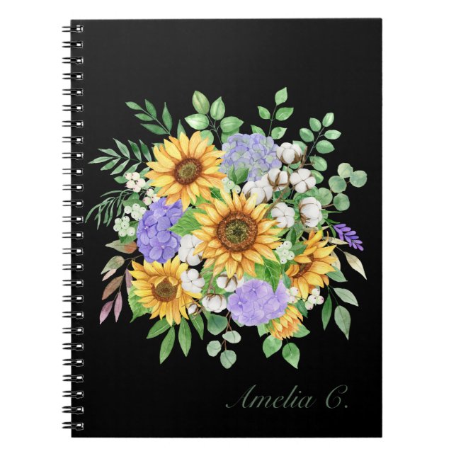 Cuaderno Portátil negro con buquet de girasol moderno de bo (Frente)