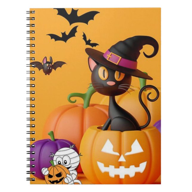 Cuaderno Portátil, negro, gato y calabaza (Frente)