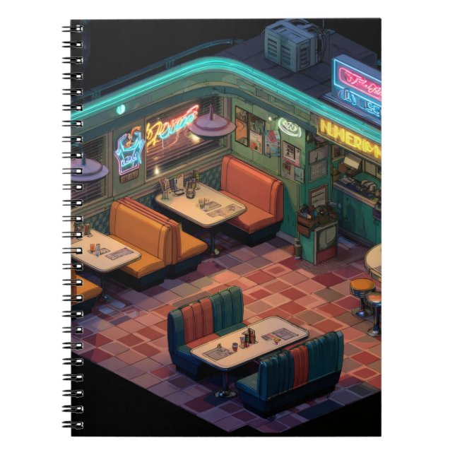 Cuaderno Portátil Neon Retro Pixel Diner Scene (Frente)