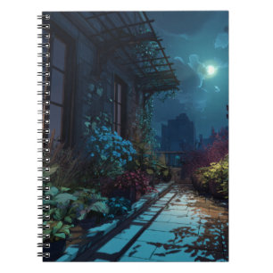 Cuaderno Portátil nocturno iluminado en la azotea